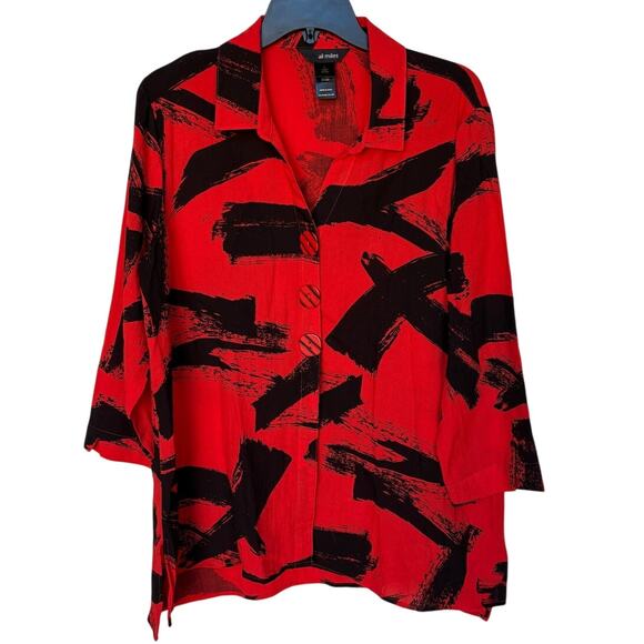 Ali Miles Red and Black Artsy Abstract Print Button Down Lagenlook Shirt size L - Picture 1 of 12
